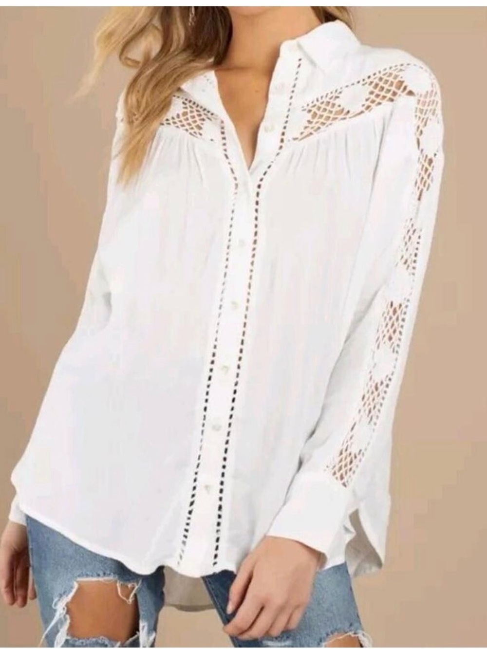 Free People Katie Bird White Lace-Trim Button Front Women's Top